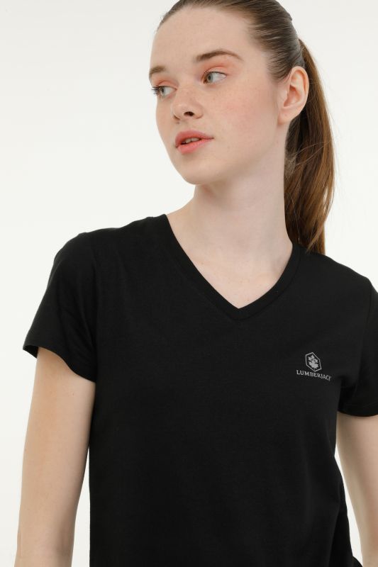 W-CT132 BASIC MODAL V NEC Black Women's Short Sleeve T-Shirt