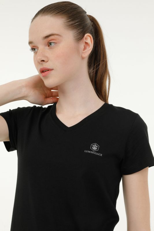 W-CT132 BASIC MODAL V NEC Black Women's Short Sleeve T-Shirt