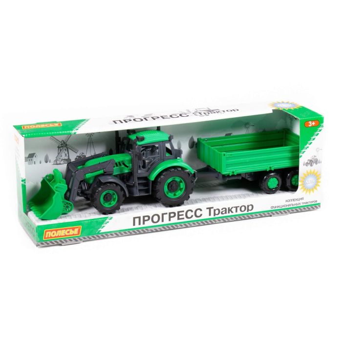 323100 Polesie Tractor Progress with flatbed trailer and inertial bucket (blue) (in the box)