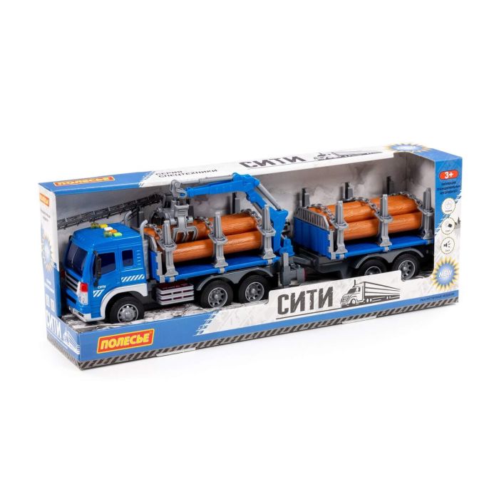 323224 Polesie City, flatbed car with manipulator and inertial trailer (with light and sound) (blue) (in a box)