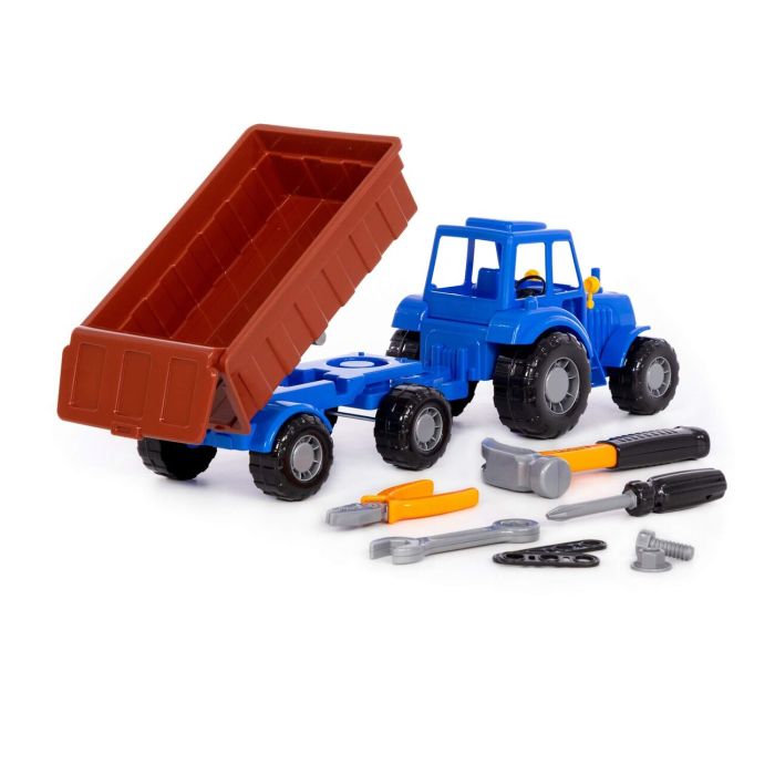 435040 Polesie Tractor Progress with flatbed trailer inertial (blue) + set of products (7 elements) (in a box)