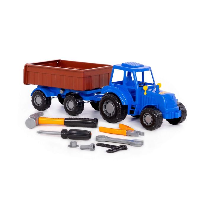 435040 Polesie Tractor Progress with flatbed trailer inertial (blue) + set of products (7 elements) (in a box)