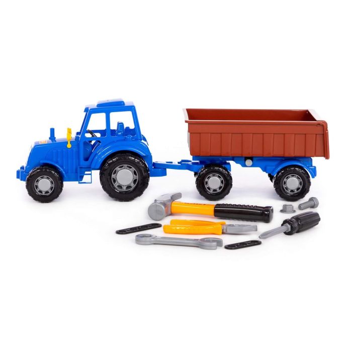 435040 Polesie Tractor Progress with flatbed trailer inertial (blue) + set of products (7 elements) (in a box)