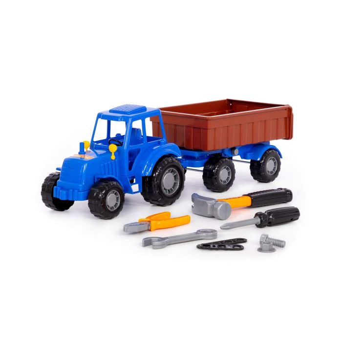 435040 Polesie Tractor Progress with flatbed trailer inertial (blue) + set of products (7 elements) (in a box)