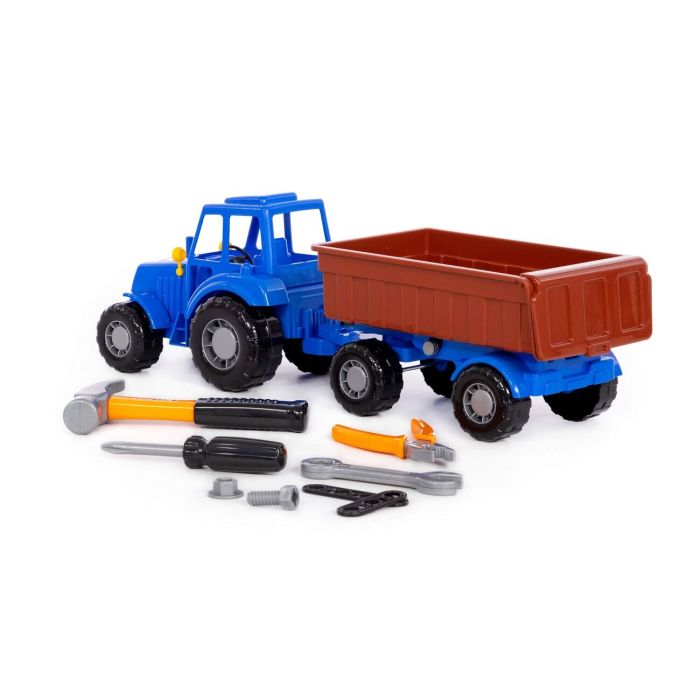 435040 Polesie Tractor Progress with flatbed trailer inertial (blue) + set of products (7 elements) (in a box)