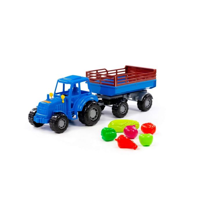 435042 Polesie Tractor Altai (blue) with trailer Ь2 + set of products (5 elements) (in a grid)