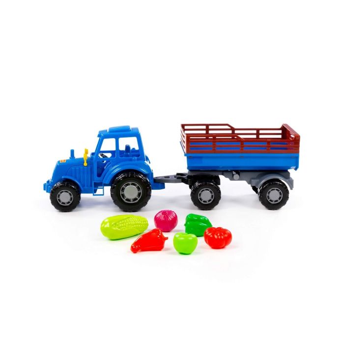 435042 Polesie Tractor Altai (blue) with trailer Ь2 + set of products (5 elements) (in a grid)