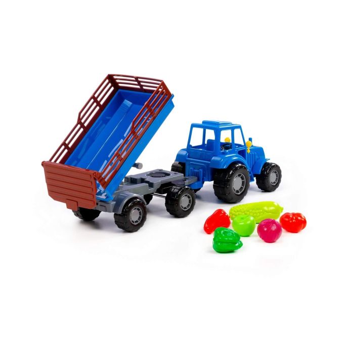 435042 Polesie Tractor Altai (blue) with trailer Ь2 + set of products (5 elements) (in a grid)