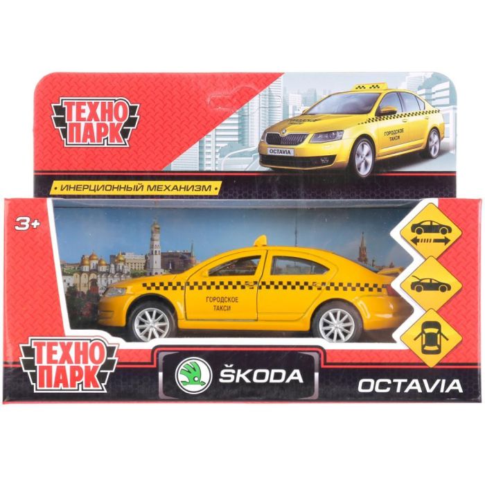 Metal car SKODA OCTAVIA TAXI length 12 cm, doors, luggage, inertz. cor. Technopark