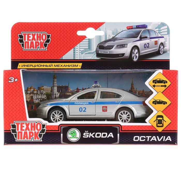 Metal car SKODA OCTAVIA POLICE length 12 cm, doors, luggage, inertz. cor. Technopark