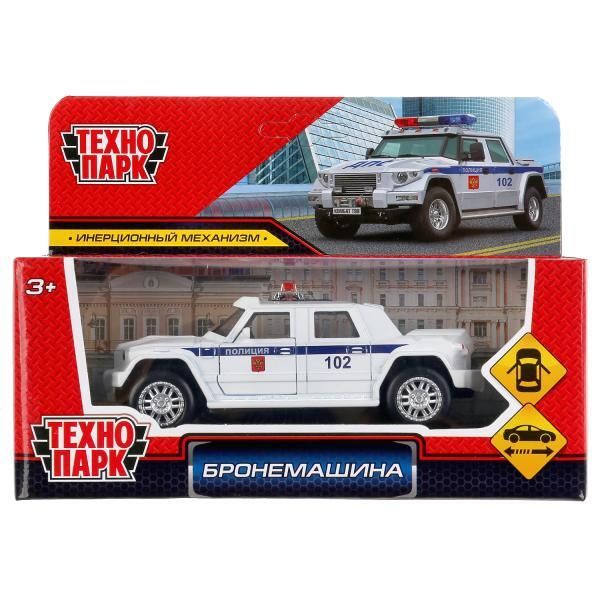 Car metal BROWN MACHINE POLICE, length 12 cm, doors, inertz, white, kor. Technopark