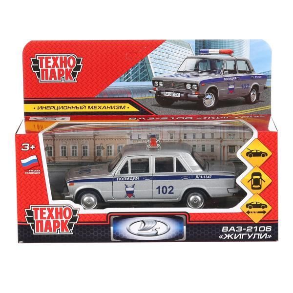 Metal car VAZ-2106 ZHIGULI POLICE 12 cm, doors, luggage, inertz, cor. Technopark