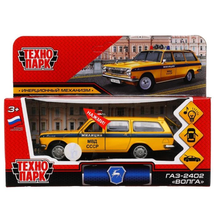 Metal car light-sound GAZ-2402 VOLGA POLICE 12 cm, doors, luggage, cor. Technopark