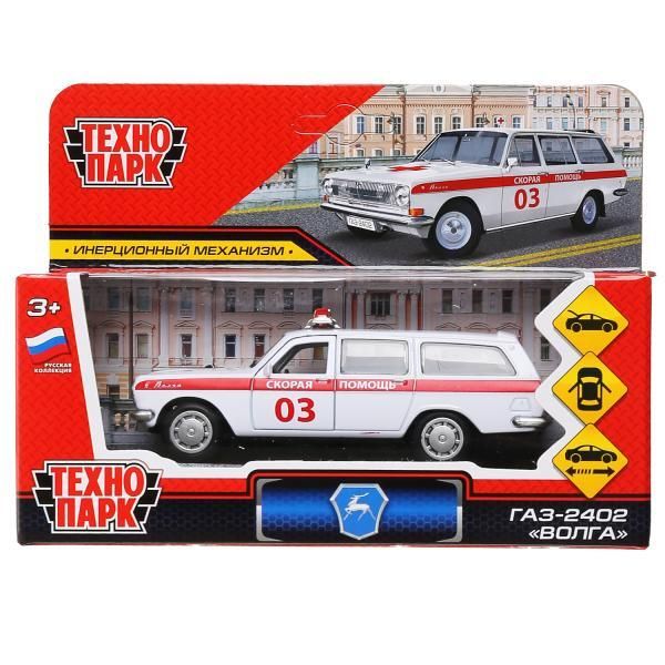 Metal car GAZ-2402 VOLGA EMERGENCY 12 cm, doors, luggage, white, kor. Technopark