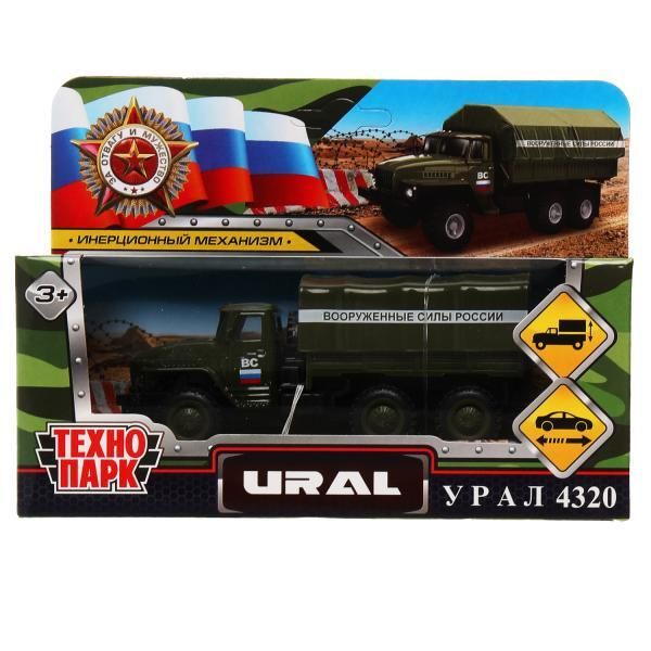 Metal car URAL 4320 BORTOVOY 12 cm, inertia, removable awning, green, cor. Technopark