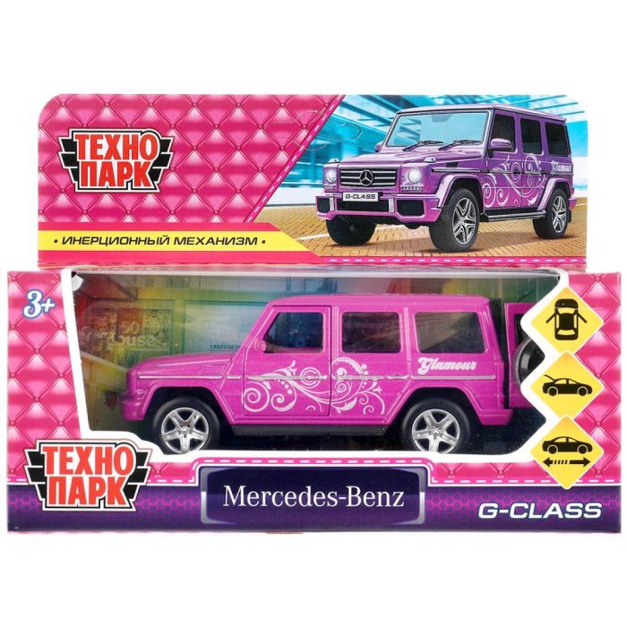 Metal car MERCEDES-BENZ G-CLASS 12 cm, doors, luggage, inertz, purple, cor. Technopark