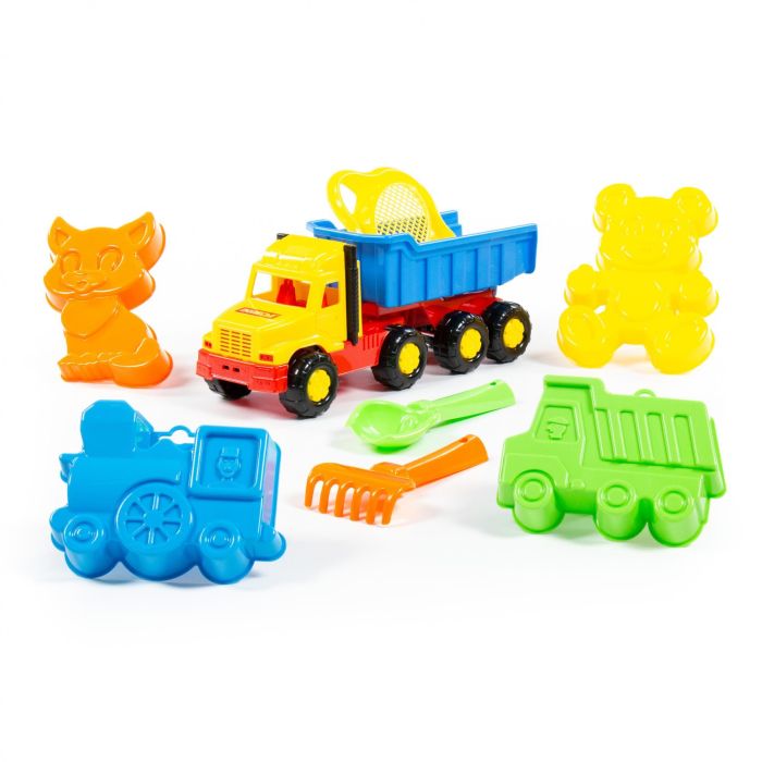 Set Ь105: Favorit, car-dump truck + strainer-flower, scoop Ь2, rake Ь2, molds (dump truck + locomotive), molds (kitten + bear)