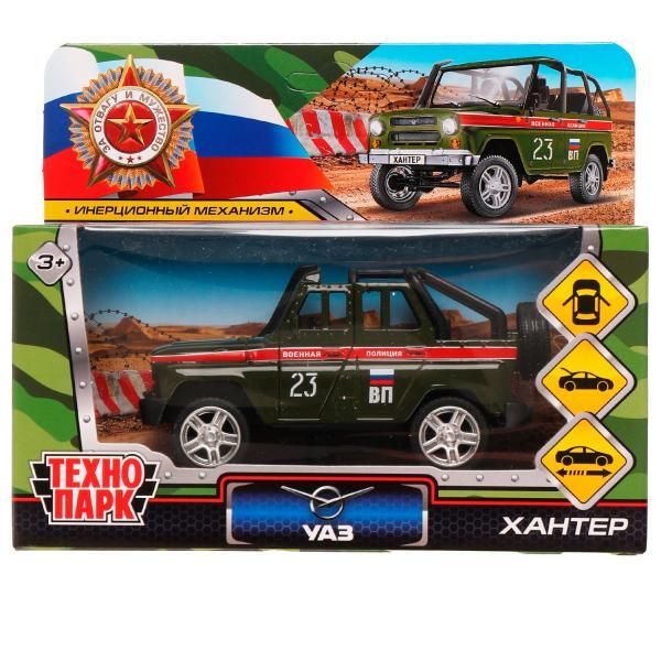 Metal car UAZ HUNTER WAR POLICE 11,5 cm, doors, luggage, green, cor. Technopark