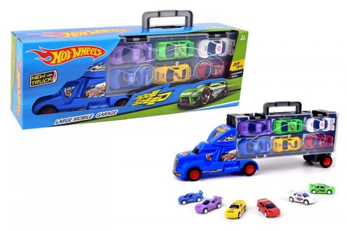 Set of Hot Wheels trailer + 6 cars