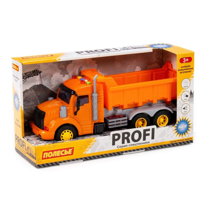 Profi, inertial dump truck (with light and sound) (orange) (in a box)