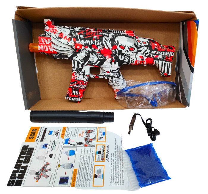 SCAR hydrogel orbibol gun with silencer, firing orbizas ( red )