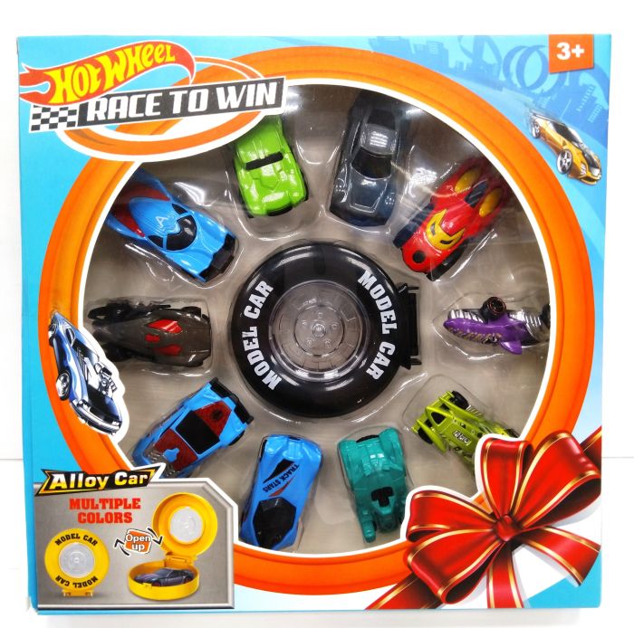 Set of 10 Hot Wheels cars with suitcase